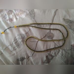 Cool Retro Vintage Rosary-like Yellow Long Beaded Cord Necklace!